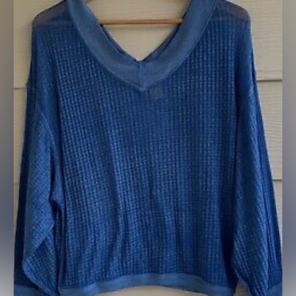 We the Free People Womens Blue Santa Clara Waffle Oversized Thermal Knit Top